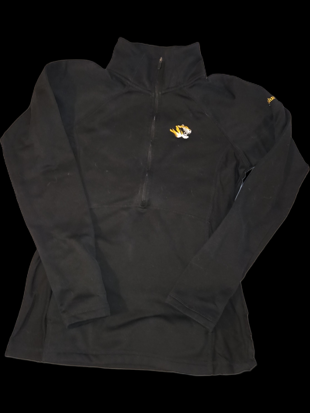 Columbia Black Quarter-Zip Sweater with Yellow & White Missouri Tiger Logo. Sm.
